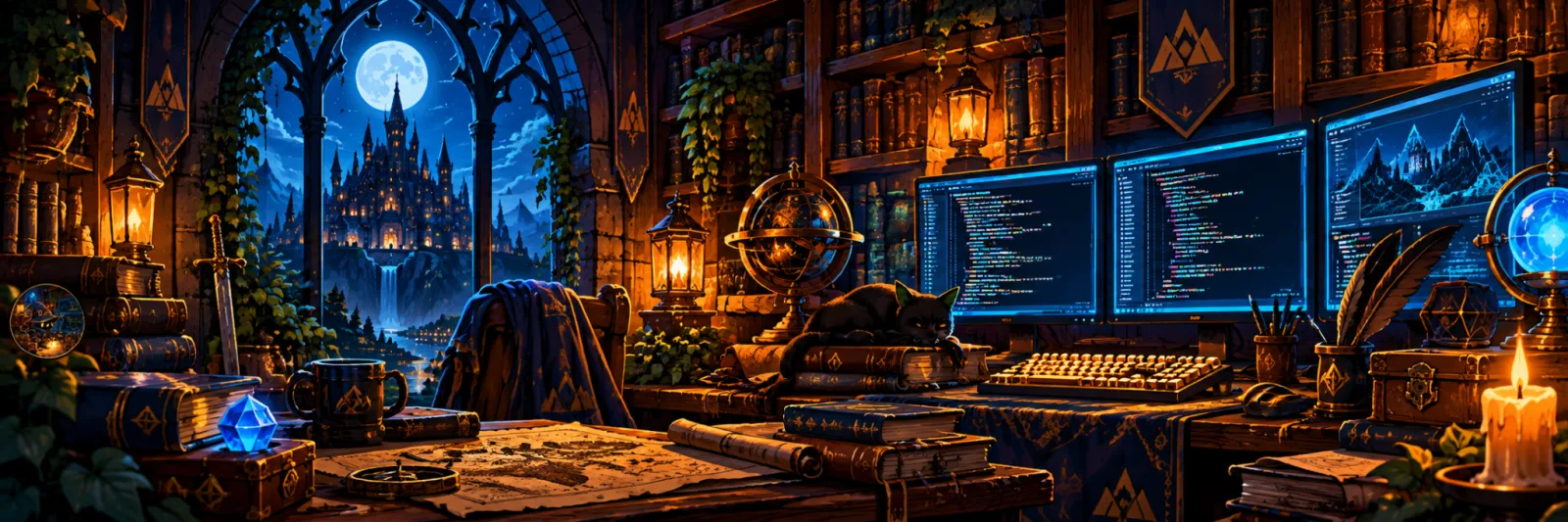 A moonlit wizard's study with glowing computer screens.