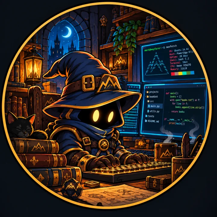 Illustrated wizard programming at a keyboard.